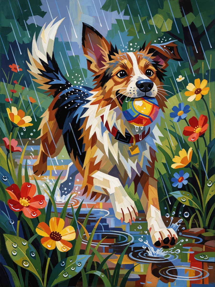 Playful Dog In Rain