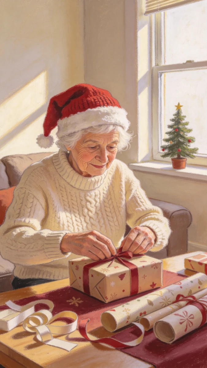 Grandma Wrapping Christmas Gifts