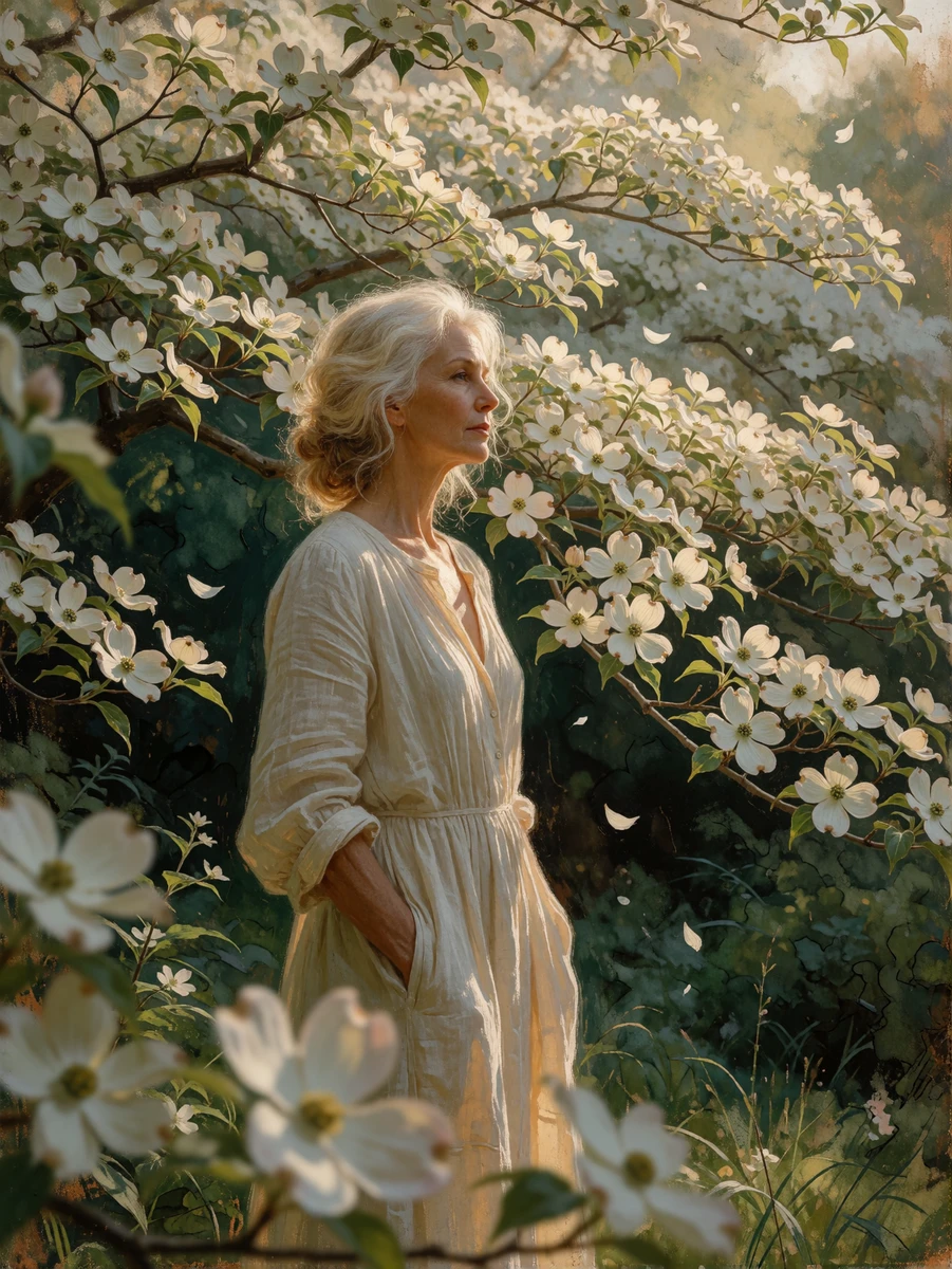Woman Among Dogwoods