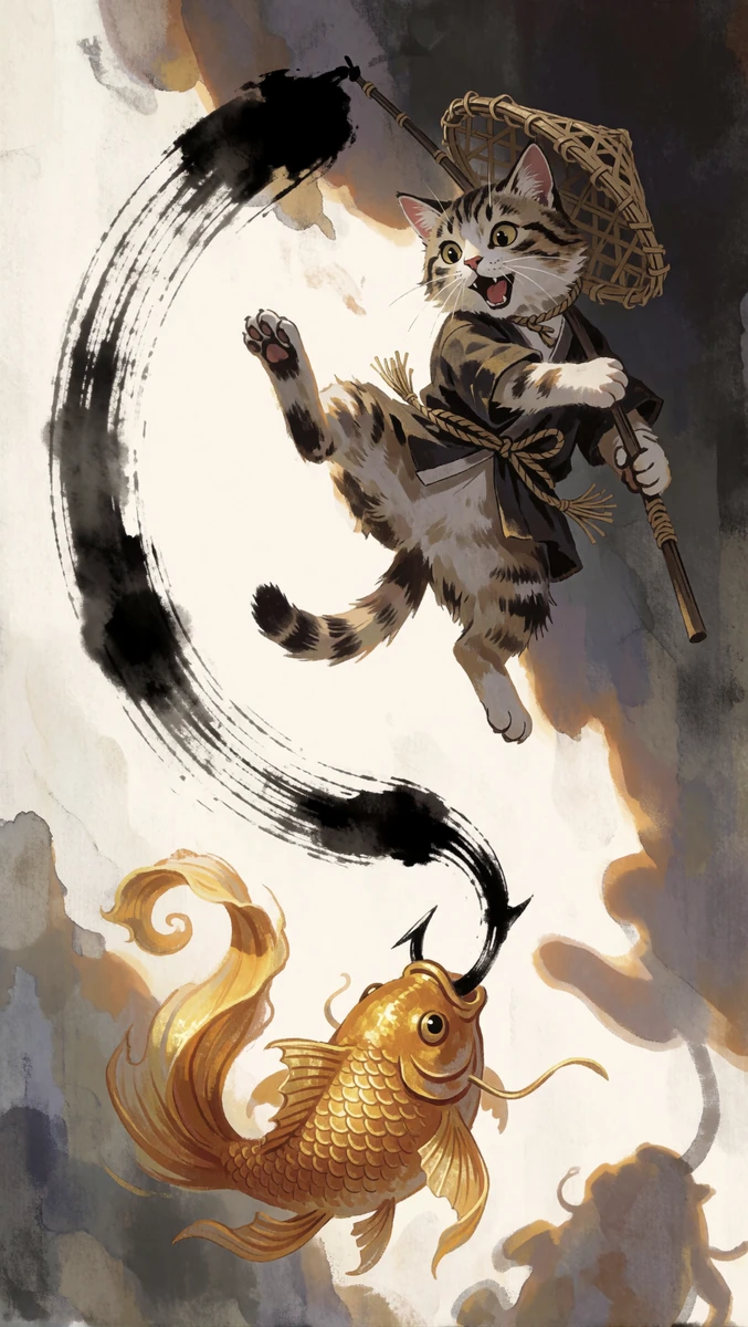 Cat Catching Golden Fish