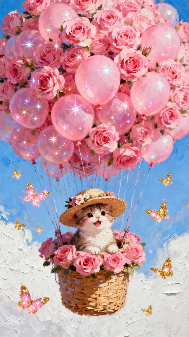 Cat In Floral Balloon