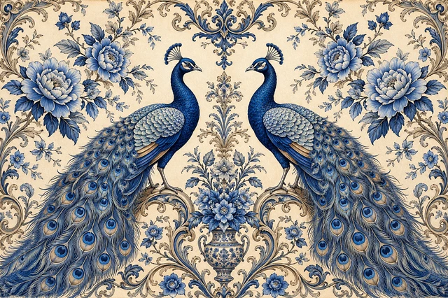 Vintage Blue Peacocks