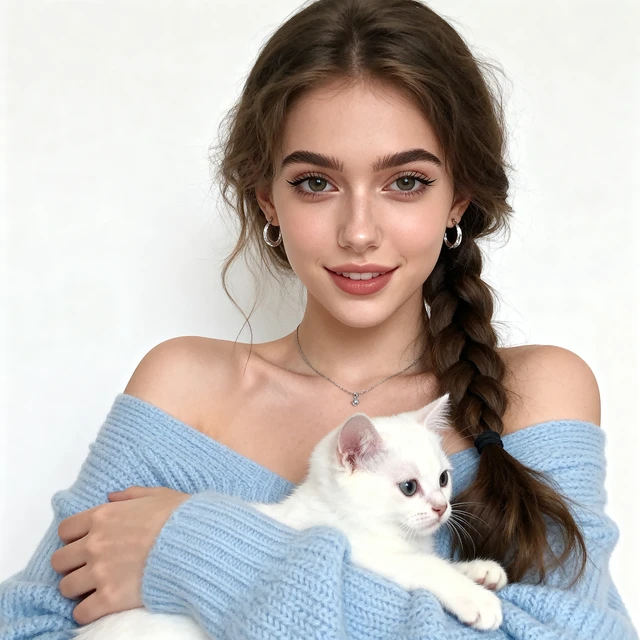 Girl Holding White Kitten