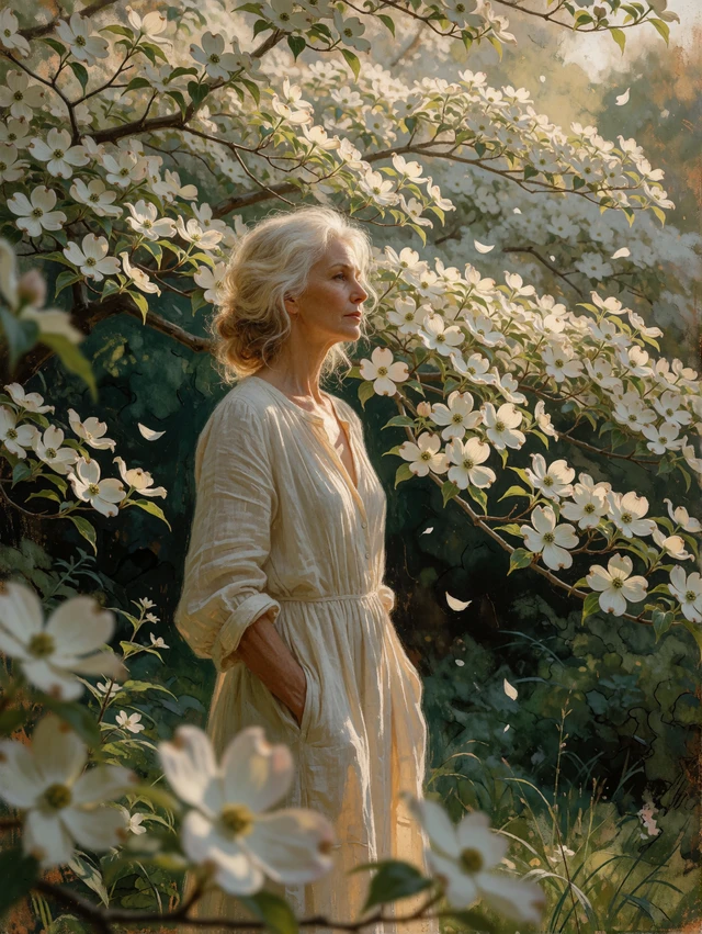 Woman Among Dogwoods