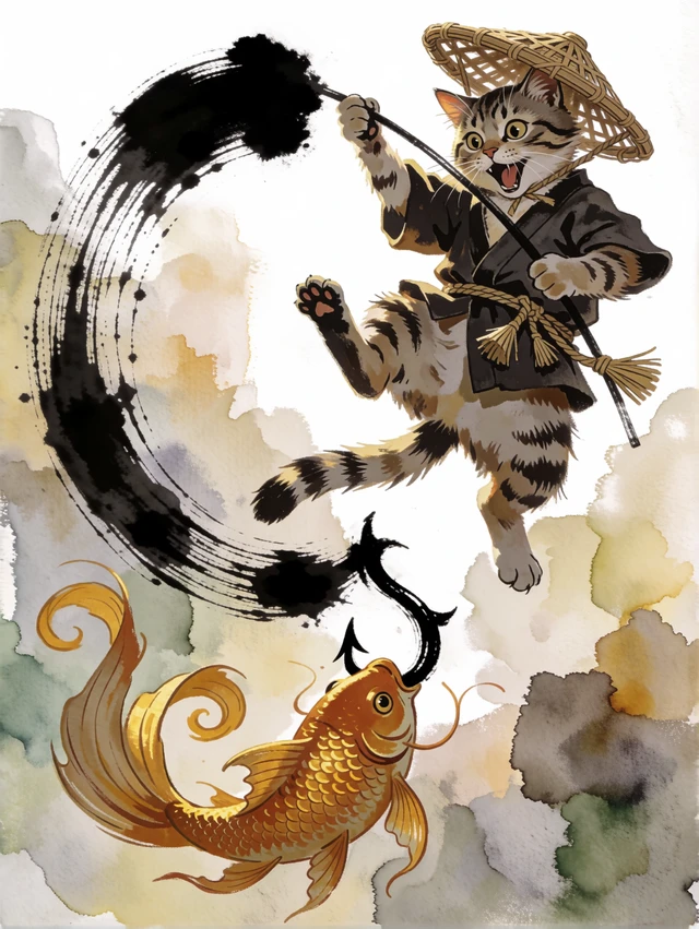 Cat Catching Golden Fish