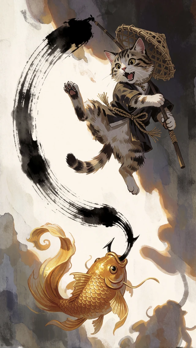 Cat Catching Golden Fish